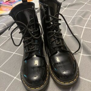 Dr. Martens Black Leather Boots with Yellow Stitching
